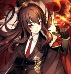  black_gloves black_vest breasts brown_hair buttons cape dolsig_ilangnolja fire formal fur_trim gloves large_breasts library_of_ruina long_hair long_sleeves necktie project_moon red_cape red_eyes red_necktie shirt suit vest white_shirt xiao_(library_of_ruina) 