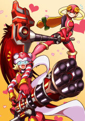 >_< 2girls absurdres black_bodysuit blonde_hair blush_stickers bodysuit boots closed_mouth gatling_gun gloves gun harp_note_(mega_man) heart helmet highres holding holding_gun holding_scythe holding_weapon kotatuman_dash leotard long_hair mega_man_(series) mega_man_battle_network_(series) mega_man_star_force_(series) mega_man_x_(series) mega_man_x_dive multiple_girls open_mouth pink_boots pink_gloves pink_helmet pink_leotard pink_shirt ponytail roll.exe_(mega_man) scythe shirt sonia_strumm_(mega_man) weapon 