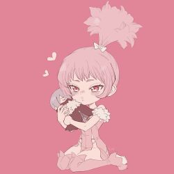  1girl blush boots bow character_doll chibi chibi_only doll dr._stone dress full_body fur_trim hair_bow heart high_heels high_ponytail highres holding holding_doll hyoga_(dr._stone) light_blush lips lipstick makeup momiji_homura ninomae_gin pink_background pink_boots pink_eyes pink_hair pink_theme ponytail puckered_lips sidelocks simple_background sitting solo stuffed_toy thick_lips thigh_boots wariza white_bow 