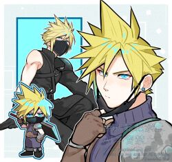  1boy armor belt black_boots black_cape black_mask black_pantyhose black_sleeves black_vest blonde_hair blue_eyes blue_pants blue_shirt boots border brown_belt brown_gloves buster_sword cape chest_strap chibi chibi_inset cloud_strife earrings final_fantasy final_fantasy_vii final_fantasy_vii:_advent_children fingerless_gloves gloves hair_between_eyes holding holding_sword holding_weapon jewelry male_focus mask mask_pull mouth_mask multiple_views pants pantyhose pauldrons rei_(teponea121) shirt short_hair shoulder_armor single_bare_shoulder single_earring single_pauldron single_sleeve solo spiky_hair suspenders sword sword_on_back turtleneck twitter_username upper_body vest waist_cape weapon weapon_on_back white_border 