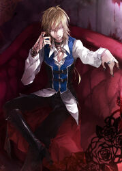 1boy black_boots black_choker black_nails black_pants blonde_hair blue_vest boots choker closed_mouth clown_(ragnarok_online) collared_shirt commentary_request couch figure_four_sitting fingernails foot_out_of_frame high_heel_boots high_heels jewelry lace-up_boots long_sleeves looking_at_viewer male_focus masato_(mstlp) medium_hair multiple_rings pants ragnarok_online ring shirt sitting smile solo studded_choker vest white_shirt yellow_eyes 