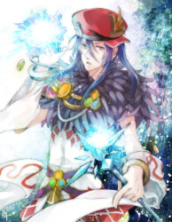  1boy argyle_clothes argyle_shirt bangle belt blue_background blue_hair bracelet commentary_request detached_sleeves fur_collar hair_between_eyes hat holding holding_staff jewelry long_bangs long_hair looking_at_viewer magic male_focus masato_(mstlp) newsboy_cap open_mouth purple_belt ragnarok_online red_hat shirt sideways_hat solo sorcerer_(ragnarok_online) staff upper_body violet_eyes white_shirt white_sleeves 