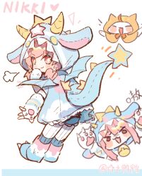  1girl =_= animal animal_costume animal_ear_hood animal_hands artist_name bell blue_boots blue_border blue_cloak blue_dress blue_tail blue_wings blush_stickers boots border bow bowtie bright_pupils brown_eyes cat character_name cherilynorz chibi claw_pose cloak closed_mouth clothed_animal cloud_print commentary cropped_torso deepwood_dream_(infinity_nikki) dragon_costume dragon_horns dragon_tail dragon_wings dress ear_covers elbow_gloves fake_claws fake_horns fake_tail fake_wings frilled_dress frills fur_boots fur_gloves gloves hair_ornament hand_on_own_chin hashtag-only_commentary hood hood_up hooded_cloak horned_headwear horns infinity_nikki letterboxed long_hair looking_at_viewer low_twintails momo_(nikki) multicolored_boots multiple_views neck_bell nikki_(nikki) nikki_(series) notice_lines open_mouth orange_bow orange_bowtie pantyhose paw_gloves paw_shoes pink_boots pink_hair print_cloak print_hood short_dress short_twintails simple_background smile star_(symbol) star_hair_ornament star_print striped_clothes striped_gloves striped_horns striped_pantyhose tail tareme twintails vertical-striped_clothes vertical-striped_pantyhose white_background white_boots white_cat white_gloves white_pantyhose white_pupils wings yellow_cloak yellow_horns 