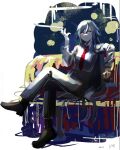  1girl arsum0731 bangs black_hair black_pants brown_footwear cigarette collared_shirt couch formal fu_hua fu_hua_(herrscher_of_sentience) full_body holding holding_cigarette honkai_(series) honkai_impact_3rd long_hair long_sleeves looking_at_viewer necktie open_mouth pants red_eyes red_necktie shirt shoes sitting sketch smoking solo white_background white_shirt 