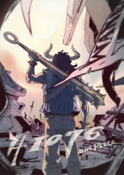  1boy aged_down back black_hair bracelet clenched_hand club_(weapon) commentary copyright_name ezui hashtag highres holding holding_weapon horns jewelry kaidou_(one_piece) kanabou long_hair male_focus moon one_piece outdoors solo spiked_bracelet spikes symbol-only_commentary vest wanted_poster weapon 