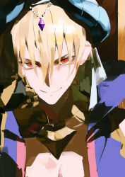  1boy 333takoyaki absurdres arabian_clothes blonde_hair blue_horns blue_vest cropped_vest double-parted_bangs earrings fate/grand_order fate_(series) gem gilgamesh_(caster)_(fate) gilgamesh_(fate) gold_collar hair_ornament hand_on_own_cheek hand_on_own_face head_rest highres horns jewelry looking_at_viewer male_focus no_shirt one-hour_drawing_challenge open_clothes open_vest purple_gem red_eyes sketch smile solo veil vest white_turban white_veil 