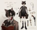  1boy animal_ears armband bangs black_hair blood blood_on_face book broken_glass buckle cat_boy cat_ears cat_tail character_name character_profile character_sheet coat coat_on_shoulders collared_shirt color_guide cross cup ear_piercing earrings glass gloves green_eyes grey_hair gun heterochromia jewelry latin_text long_sleeves male_focus monocle multicolored_hair ookami_ciro original otozuki_teru piercing pocket_watch puffy_sleeves revolver ring sepia_background shirt shoes short_hair sidelocks simple_background socks tail tea vest watch weapon yellow_eyes 