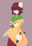  1girl brown_background floral_print flower green_kimono hair_flower hair_ornament hakama hakama_skirt hieda_no_akyuu highres japanese_clothes kakone kimono looking_at_viewer one-hour_drawing_challenge open_mouth purple_hair red_skirt short_hair simple_background skirt solo standing touhou violet_eyes wide_sleeves 
