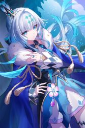  1girl blue_cape blue_dress blue_eyes blue_fire blue_hair cape cerydra_(honkai:_star_rail) crown dress fire gradient_hair honkai:_star_rail honkai_(series) jewelry kiki-yu looking_at_viewer medium_hair multicolored_hair ponytail ring solo white_hair 