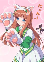  1girl animal_ear_fluff animal_ears animal_hands bell blue_eyes blunt_bangs blush bow cat_ears cat_girl cat_tail closed_mouth commentary_request ear_covers gloves green_sailor_collar green_sleeves hairband highres hime_cut long_hair long_sleeves looking_at_viewer mokichi3356 orange_hair paw_gloves pleated_skirt sailor_collar shirt silence_suzuka_(innocent_silence)_(umamusume) silence_suzuka_(umamusume) skirt smile solo tail tail_bell tail_bow tail_ornament umamusume whiskers white_hairband white_shirt white_skirt 