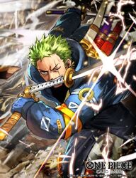  1boy black_bodysuit bodysuit commentary_request copyright_name earrings glint green_hair holding holding_sword holding_weapon jacket jewelry looking_ahead male_focus nijihayashi official_art one_eye_closed one_piece one_piece_card_game roronoa_zoro scar_across_eyes short_hair sideburns solo sword weapon weapon_in_mouth 