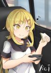  blonde_hair car_interior cellphone collarbone crescent crescent_pin eating etsuransha_no_rei food hair_ornament hairclip highres holding holding_phone holding_sandwich jewelry kantai_collection musical_note phone ring sailor_collar sandwich satsuki_(kancolle) shirt short_sleeves smartphone twintails wedding_band white_shirt yellow_eyes 