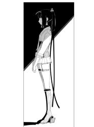  1girl akizuki_(kancolle) akizuki_kai_ni_(kancolle) boots chitosan closed_mouth commentary_request greyscale hachimaki headband headgear jacket kantai_collection knee_boots miniskirt monochrome neckerchief ponytail rudder_footwear simple_background skirt solo standing thigh_strap 