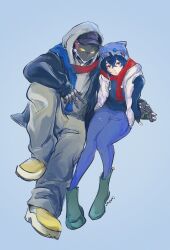  1boy 1girl alternate_costume baseball_cap beanie belle_(zenless_zone_zero) billy_kid black_jacket blue_background blue_hair blue_hat blue_pants blue_shirt clothed_robot commentary_request crossed_bangs full_body green_eyes green_shoes grey_pants hair_between_eyes hat highres hood hood_up hoodie humanoid_robot jacket looking_at_viewer norisuke_(stornyans) official_alternate_costume open_clothes open_mouth pants pom_pom_(clothes) red_scarf robot robot_boy scarf shirt shoes short_hair sitting sleeveless sleeveless_jacket w white_hoodie white_jacket yellow_shoes zenless_zone_zero 