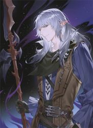  1boy black_gloves blue_shirt brown_vest elezen elf estinien_varlineau final_fantasy final_fantasy_xiv gloves grey_eyes grey_hair holding holding_polearm holding_weapon lance long_hair looking_at_viewer male_focus pointy_ears polearm shirt smirk solo somok vest weapon 