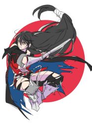 1girl arm_blade arm_guards armored_boots black_hair boots braid center_opening commentary dress dynamic_pose enoki_(megaclam) grey_boots hair_between_eyes long_hair looking_to_the_side off_shoulder open_mouth pants red_dress revealing_clothes solo tales_of_(series) tales_of_berseria torn_clothes torn_pants vambraces velvet_crowe very_long_hair weapon white_background 