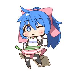  1girl armor black_gloves black_thighhighs blue_eyes blue_hair blush bow breastplate chibi chibi_only closed_mouth commentary_request elbow_gloves full_body gauntlets gloves hair_bow high_ponytail highres holding holding_sword holding_weapon long_hair looking_at_viewer lord_knight_(ragnarok_online) miniskirt one_eye_closed pauldrons pink_bow pink_skirt ponytail ragnarok_online shizukushigure shoulder_armor simple_background skirt smile solo spica_parfait standing sword thigh-highs weapon white_background 