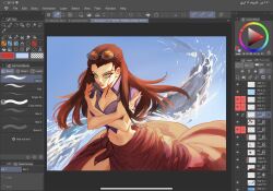  1girl arabic_commentary art_program_in_frame blue_eyes blue_jacket brown_hair commentary_request crossed_arms eyewear_on_head hair_slicked_back high_collar highres jacket long_hair looking_at_viewer midriff milktea_tq navel nico_robin one_piece orange-tinted_eyewear pink_sarong sarong solo tinted_eyewear water 