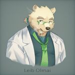  1boy animal_ears bear_boy bear_ears character_name collared_shirt commentary_request english_text furry furry_male green-framed_eyewear green_background green_eyes green_necktie green_shirt highres labcoat leib_(housamo) low_ponytail male_focus mature_male necktie oimo_osato_0322 polka_dot_necktie semi-rimless_eyewear shirt solo tokyo_afterschool_summoners twitter_username upper_body yellow_fur 
