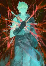  1boy absurdres armor belt black_belt black_gloves blonde_hair closed_mouth cloud_strife cow feet_out_of_frame final_fantasy final_fantasy_vii final_fantasy_vii:_advent_children gloves grey_vest hair_between_eyes hand_on_own_chest highres male_focus pauldrons short_hair shoulder_armor single_bare_shoulder single_pauldron single_sleeve solo spiky_hair vest waist_cape windearth71 