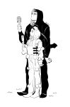  2boys animal_hood antennae arm_at_side armor bangs dagger dokuga dorohedoro drawstring facial_mark food full_body greyscale hand_up height_difference holding holding_food hood hood_up hoodie jacket kai_(dorohedoro) knife long_sleeves looking_away looking_up male_focus monochrome multiple_boys pants popsicle pouch shoes short_hair sibasumi simple_background standing weapon 