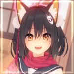  1girl 3d :d animal_ear_fluff animal_ears asymmetrical_gloves bangs black_gloves black_hair black_skirt blue_archive blush breasts brown_eyes commentary_request elbow_gloves ellenlaire fang fox_ears fox_girl fox_tail gloves hair_between_eyes halo happy izuna_(blue_archive) koikatsu_(medium) long_sleeves looking_at_viewer mask mask_on_head medium_breasts partially_fingerless_gloves shirt single_thighhigh skirt sleeveless sleeveless_shirt smile solo tail thigh-highs weapon white_background white_shirt wide_sleeves 