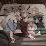  2boys 3girls ahoge alina_(arknights) animal_ears arknights bangs bed black_hair black_pants blanket blue_sweater closed_eyes collarbone collared_shirt commentary crossed_bangs cuddling deer_antlers deer_ears deer_girl dlanon dragon_girl dragon_horns dress english_commentary faust_(arknights) frostnova_(arknights) green_shirt grey_hair grey_shirt hair_between_eyes horns hug light_brown_hair long_hair long_sleeves lying mephisto_(arknights) midriff multiple_boys multiple_girls navel on_back on_bed on_side open_mouth oripathy_lesion_(arknights) pajamas pants pointy_ears rabbit_ears rabbit_girl red_dress ribbed_sweater scales scar scar_on_face scar_on_nose shirt short_hair sleeping sweater talulah_(arknights) under_covers upper_body white_shirt younger zzz 