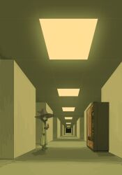  1girl backrooms_(creepypasta) ceiling commentary english_commentary hat highres indoors liminal_space original solo standing sweetbreadyay vending_machine very_wide_shot witch_hat 