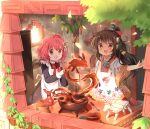  2girls :d absurdres ahoge apron aztec bangs black_dress blush bow brick_wall brown_hair chocolate commentary_request dark-skinned_female dark_skin dress frilled_apron frills hair_between_eyes hair_ornament highres holding holding_wand jug long_hair long_sleeves maid maid_apron mexico multiple_girls one_side_up original poncho red_bow red_eyes redhead smile spoon stick_jitb wand white_apron window 