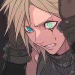  1boy black_background black_tears blonde_hair blue_eyes brown_gloves clenched_teeth cloud_strife corruption crying crying_with_eyes_open eyes_visible_through_hair face film_grain final_fantasy final_fantasy_vii gloves green_eyes hands_on_own_head heterochromia kiki_lala makeup male_focus mascara runny_makeup simple_background slit_pupils solo spiky_hair sweat tears teeth turtleneck upper_body 