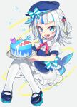  1girl :d aqua_bow aqua_eyes aqua_nails artist_name beret blue_footwear blue_headwear blush bow cake commentary_request fish_tail food fork frilled_skirt frills full_body gawr_gura hat highres holding holding_food holding_fork holding_plate hololive looking_at_viewer negi_(ulog&#039;be) open_mouth plate puffy_sleeves ribbon shark_girl shark_tail sharp_teeth short_sleeves signature simple_background skirt smile solo star_(symbol) striped striped_ribbon tail teeth twitter_username white_background white_hair white_legwear 