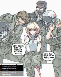  1girl 3boys ace_combat ace_combat_7 ace_combat_8 beard blonde_hair brown_hair closed_mouth commentary dark-skinned_male dark_skin dog_tags english_commentary english_text facial_hair glasses gradient_hair green_jacket green_pants heartbreak_juan helmet highres holding holding_unworn_helmet jacket multicolored_hair multiple_boys noise_(ace_combat) pants pilot_helmet pink_hair professor_(ace_combat) rex_(ace_combat) shaded_face short_hair speech_bubble sweat tank_top tasha_(ace_combat) unworn_headwear unworn_helmet watch watch white_background white_tank_top 