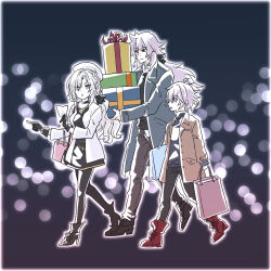  1girl 2boys beret black_dress black_gloves black_pants black_pantyhose brown_coat coat contemporary dress fate/grand_order fate_(series) gift gloves grey_coat grey_hair hat highres kriemhild_(fate) long_hair multiple_boys pants pantyhose pointing pointing_forward shopping shopping_list sieg_(fate) siegfried_(fate) smile takashimizu44 