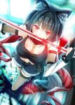 1girl animal_ears black_hair cat_ears glowing glowing_eyes glowing_weapon non-web_source red_eyes solo sword thigh-highs weapon