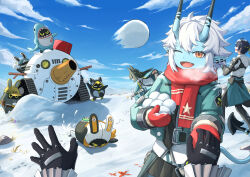  1boy 3girls absurdres agent_gulliver_(zenless_zone_zero) animal_ear_fluff animal_ears aqua_jacket arm_out_of_sleeve asaba_harumasa bangboo_(zenless_zone_zero) black_gloves black_hair black_necktie black_pants blue_horns blue_oni blue_skin blue_sky blue_tail breath clothes_around_waist clouds colored_skin commentary_request earrings eous_(zenless_zone_zero) fangs fingerless_gloves fox_ears fox_girl gauntlets gloves hair_between_horns headband highres holding holding_snowball holding_sword holding_weapon horns hoshimi_miyabi jacket jewelry katana long_hair looking_at_viewer multicolored_horns multiple_girls necktie one_eye_closed oni open_mouth outdoors pants penguinboo_(zenless_zone_zero) pointy_ears pov pov_hands rabbit red_eyes red_gloves red_scarf regit_etihw rock safety_(zenless_zone_zero) scarf sharkboo_(zenless_zone_zero) shirt short_hair single_fingerless_glove single_gauntlet skin-covered_horns sky snow snow_on_head snowball snowball_fight soukaku_(zenless_zone_zero) sword tsukishiro_yanagi two-tone_horns two-tone_tail weapon white_hair white_shirt yellow_headband zenless_zone_zero 