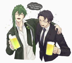  2boys :d ^_^ alcohol alternate_language beer beer_mug bilingual_text black_eyes black_hair black_necktie black_suit brooch closed_eyes closed_mouth collared_shirt cup curtained_hair english_text green_hair green_suit hair_between_eyes hand_on_another's_shoulder hashtag-only_commentary highres holding holding_cup jewelry lapels layered_sleeves library_of_ruina long_hair long_sidelocks long_sleeves looking_at_viewer mixed-language_text motoiwork mug multiple_boys necktie netzach_(project_moon) notched_lapels partially_unbuttoned ponytail project_moon roland_(project_moon) shirt sidelocks single_sidelock smile sparkle speech_bubble spilling suit teeth translated upper_body v-shaped_eyebrows white_background white_shirt 