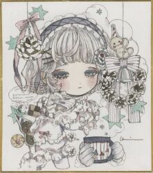  1girl acrylic_paint_(medium) blunt_bangs blush bob_cut border bow brooch candy closed_mouth cloud_background commentary cup decorations dress flower food frilled_dress frilled_headband frills gingerbread_man gloves gold_border grey_eyes hair_bow hair_ribbon hairband half-closed_eyes highres holding holding_cup instagram_logo instagram_username jewelry karintoun lace lace_headband lolita_fashion long_eyelashes looking_at_viewer mug original painting_(medium) pale_skin pastel_colors pinecone postmark puffy_sleeves ribbon rose short_hair signature simple_background solo star_(symbol) steam straight-on striped_bow striped_ribbon stuffed_animal stuffed_toy symbol-only_commentary teddy_bear traditional_media twitter_username twitter_x_logo upper_body watercolor_(medium) watermark white_background wreath 