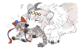  aaasakawa animal_ears animalization biting blue_hairband cat claws closed_eyes dog ear_covers fang fangs grey_fur hairband headband multicolored_hairband oguri_cap_(umamusume) open_mouth recursive_animalization red_headband striped_clothes striped_hairband tail tamamo_cross_(umamusume) two-tone_hairband umamusume 