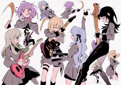  5girls arm_up ave_mujica_(bang_dream!) bang_dream! bang_dream!_it's_mygo!!!!! bass_guitar black_gloves black_hair black_pants blonde_hair blue_hair commentary dress drumsticks earrings electric_guitar fingerless_gloves gloves grey_dress grey_jacket grey_pantyhose grey_shorts grin guitar highres holding holding_drumsticks holding_microphone instrument jacket jewelry long_hair microphone misumi_uika mkun606 multiple_girls music pants pantyhose parted_lips pink_eyes playing_bass_guitar playing_guitar playing_instrument purple_hair short_hair shorts simple_background singing smile thigh_strap togawa_sakiko two_side_up wakaba_mutsumi white_background yahata_umiri yuutenji_nyamu 