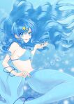  1girl absurdres blue_background blue_eyes blue_hair blue_nails bracelet breasts bubble curly_hair earrings fish_tail floating floating_hair hair_between_eyes hair_ornament hifumi_(toma10) highres houshou_hanon in_water jellyfish jewelry long_hair looking_at_viewer mermaid mermaid_melody_pichi_pichi_pitch monster_girl necklace ocean open_mouth pearl_bracelet pearl_necklace shell shell_bikini smile solo star_(symbol) star_earrings star_hair_ornament tail underwater waves 