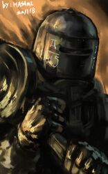  1boy absurdres artist_name black_gloves commentary covered_face dated dp-27 gloves grey_eyes gun helmet highres holding holding_gun holding_weapon hua_ha_jiazi light_machine_gun long_sleeves looking_at_viewer machine_gun male_focus military_combat_uniform military_uniform rainbow_six_siege solo symbol-only_commentary tachanka_(rainbow_six_siege) upper_body weapon 