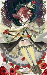  1girl ahoge bird_hat_ornament black_cape black_hat blue_eyes bow bowtie brown_hair brown_shoes cape coat dress flower flutterpage flutterpage_(gently_comes_the_thawing_breeze) full_body hair_flower hair_ornament hat highres kneehighs knees_up lily_of_the_valley loafers looking_at_viewer official_alternate_costume origami own_hands_together paper_airplane paper_crane poppy_(flower) red_flower reverse:1999 shoes short_dress short_hair short_twintails smile socks solo taigarendez twintails white_background white_bow white_bowtie white_coat white_dress white_flower white_socks 