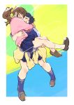  2girls black_hair brown_hair carrying carrying_person closed_eyes full_body highres hug long_hair m_k multiple_girls open_mouth original outside_border ponytail princess_carry short_hair skirt symbol-only_commentary yuri 
