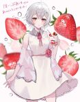  1girl blush chiemo_(xcem) commission dress facing_viewer food fruit grey_hair holding_ice_cream ice_cream looking_at_viewer nail_polish open_mouth original pink_eyes short_hair skeb_commission solo strawberry vrchat white_background 