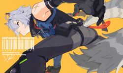  1boy ahoge animal_ear_fluff animal_ears arm_support barcode bare_shoulders black_gloves black_jacket black_pants cat_boy cat_ears cat_tail closed_mouth english_text fluffy_tail from_side gloves grey_pants hair_between_eyes hal_7gkn hashtag-only_commentary jacket male_focus multicolored_panties panties pants police police_badge police_uniform policeman pouch scar scar_on_shoulder seth_lowell short_hair sleeveless sleeveless_jacket solo tail underwear violet_eyes white_hair white_tail yellow_background zenless_zone_zero zipper 