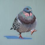  absurdres animal animal_focus aqua_background bird english_commentary feathers highres leah_gardner no_humans original painting_(medium) pigeon red_eyes shadow simple_background standing standing_on_one_leg traditional_media 