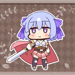  1girl armor armored_boots belt black_belt black_thighhighs blue_hair blush boobplate boots bow brown_background cape checkered_background chibi chibi_only closed_mouth commentary_request full_body gauntlets hair_bow highres holding holding_sword holding_weapon looking_at_viewer lord_knight_(ragnarok_online) miniskirt pauldrons pink_skirt purple_bow ragnarok_online red_cape shizukushigure short_hair shoulder_armor skirt smile solo standing sword thigh-highs violet_eyes weapon 