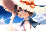  1girl bangs bare_arms blue_eyes blue_sky blush brown_hair brown_headwear clouds from_side grin hair_between_eyes hat highres hololive letterboxed looking_at_viewer looking_to_the_side mashiro_io oozora_subaru portrait short_hair sky smile solo straw_hat sun_hat sweat virtual_youtuber 