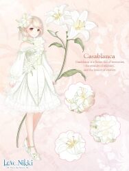  1girl ankle_ribbon artist_request bare_shoulders blonde_hair bow brown_eyes casablanca_(miracle_nikki) character_name choker close-up closed_mouth copyright_logo dot_nose dress dress_flower english_text eyelashes floral_background flower flower_dress footwear_flower frilled_choker frilled_dress frilled_skirt frilled_sleeves frills full_body green_bow green_choker hair_bow hair_flower hair_ornament happy high_heels holding holding_flower jewelry leg_ribbon light_blush lily_(flower) logo long_sleeves looking_at_viewer medium_dress medium_skirt miracle_nikki neck_flower necklace nikki_(series) off-shoulder_dress off_shoulder official_art orange_background oversized_flower pleated_skirt puffy_long_sleeves puffy_sleeves ribbon shoes short_hair skirt skirt_under_dress sleeve_bow smile solo standing swept_bangs tareme third-party_source white_dress white_flower white_shoes white_skirt 