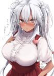  1girl :o absurdres alternate_costume anna_miller black_nails blush breasts brown_eyes collared_shirt commentary_request dark-skinned_female dark_skin dated gradient_nails grey_hair hair_between_eyes hand_on_own_chest heart highres kantai_collection large_breasts long_hair mashiro_yukiya musashi_(kancolle) musashi_kai_ni_(kancolle) one-hour_drawing_challenge pointy_hair puffy_sleeves rectangular_eyewear red_skirt rimless_eyewear semi-rimless_eyewear shirt short_sleeves signature simple_background skirt solo suspender_skirt suspenders translated twintails two_side_up upper_body very_long_hair waitress white_background white_shirt 